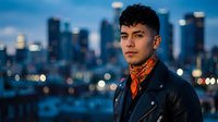 Young Hispanic man in leather jacket and bandana against blurred city skyline at dusk. Urban lifestyle portrait for fashion and contemporary culture projects.