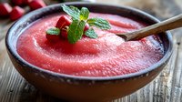 Fresh watermelon gazpacho soup garnished with mint leaves in rustic brown ceramic bowl on wooden table, summer refreshing cold appetizer.