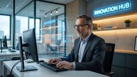 Middle-aged Caucasian businessman with glasses working on computer in modern innovation hub office with glass walls and contemporary design elements.
