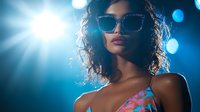 Young woman with curly hair wearing stylish sunglasses and colorful top against dramatic blue lighting with lens flare, creating nightclub atmosphere.