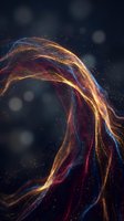 Abstract flowing light waves in gold, red, and blue hues with particle effects against dark background. Suitable for technology, energy, and digital design projects.
