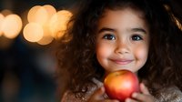Young mixed race girl with curly hair smiling while holding fresh red apple, warm bokeh lights in background, healthy eating and childhood wellness concept.