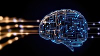Digital brain with glowing blue circuit patterns and light trails on dark background symbolizes artificial intelligence and machine learning technology.