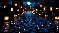 Nighttime street lined with glowing lanterns and luminous orbs reflecting on wet cobblestone pavement under full moon, creating magical atmospheric scene for fantasy, gaming, or digital art projects.
