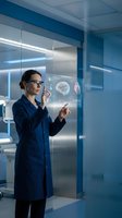 Female doctor analyzing brain scan on futuristic holographic display in modern medical laboratory for healthcare technology and diagnostic research.
