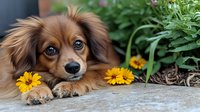 Sweet brown dachshund mix puppy lying on ground with yellow daisies in garden setting, looking up with expressive eyes and long floppy ears.