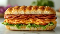 Fresh submarine sandwich with crispy bacon strips, melted cheddar cheese, grilled chicken breast and lettuce on toasted artisan bread, close up view for menu or advertising.