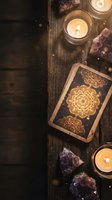 Mystical tarot cards with golden mandala designs surrounded by flickering candles and amethyst crystals on rustic wooden table for spiritual readings.