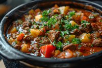 Hearty beef stew with tender meat chunks, colorful vegetables and fresh herbs in rich tomato broth, simmering in black cast iron pot, close up view of homemade meal.