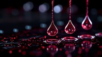 Mesmerizing red water drops suspended in mid-air with splash ripples on dark reflective surface, creating dramatic macro photography effect with bokeh background.