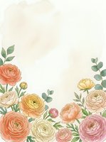 Watercolor ranunculus flowers frame with eucalyptus leaves on textured paper background for wedding invitations and greeting cards.