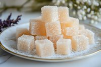Homemade orange fruit jelly candy cubes covered in sugar crystals arranged on white plate with lavender and pearl decorations for sweet treats and desserts.