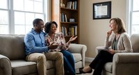 African American couple consulting with female therapist in comfortable office setting during counseling session.