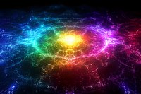 Vibrant rainbow energy burst with glowing electric lightning bolts radiating from central light source against dark background, creating dynamic cosmic effect.