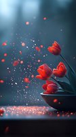 Red tulips in dark moody setting with floating petals and bokeh effects creating magical atmosphere against teal background. Artistic floral composition.