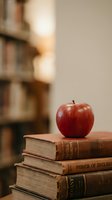 Red apple sitting on stack of vintage books with blurred bookshelf background creating warm academic atmosphere for education and learning concepts.