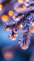 Frozen pine branch with water drops and ice crystals illuminated by warm bokeh lights against blue winter background, creating magical seasonal atmosphere.