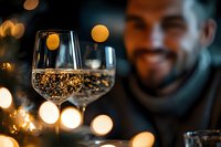 Sparkling wine glasses with golden bokeh lights creating romantic atmosphere, smiling Hispanic man in background enjoying evening celebration.