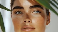 Young Caucasian woman with freckles, natural makeup, and bright blue eyes looking up through tropical palm leaves. Fresh glowing skin and defined eyebrows create modern beauty look.