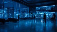 Silhouettes of professionals in modern control room with illuminated digital displays and data visualization screens, representing cybersecurity, network monitoring, and tech operations.
