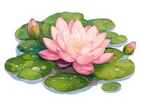Pink lotus flower blooming among green lily pads with water drops, buds, and reflections on tranquil water surface, artistic botanical illustration.