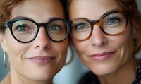 Close up portrait of two smiling middle-aged Caucasian women wearing stylish eyeglasses, showing genuine happiness and confidence. Natural lighting highlights their green eyes.