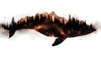 Double exposure silhouette of whale combining mountain landscape, pine forest and starry night sky in brown and black watercolor style on white background.