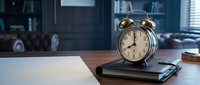 Vintage brass alarm clock on wooden desk in modern office interior with books and laptop for productivity and time management concepts.