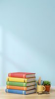 Colorful stack of books with red, yellow, green, orange and blue spines arranged on wooden desk next to yellow mug filled with pencils, eyeglasses and potted succulent plant against light blue wall background for education and learning concepts.
