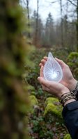 Person holding carved white crystal teardrop with leaf design in forest setting, wearing bracelets, surrounded by moss and evergreen trees for spirituality and nature themes.
