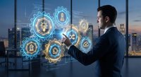 Professional businessman interacting with digital security interface displaying cybersecurity icons and data protection symbols in modern office.