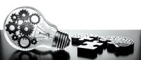 Creative lightbulb filled with mechanical gears and cogs representing innovation and engineering solutions on white background isolated for design.