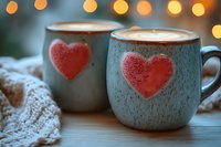 Two ceramic mugs with red heart designs filled with hot cappuccino, set against warm bokeh lights and cozy knitted fabric, creating romantic atmosphere.