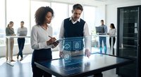 African American woman and Caucasian man analyzing cybersecurity data on interactive touchscreen display in modern office environment with team collaboration.