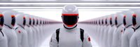 Futuristic white humanoid robots with red visors standing in formation in sterile corridor. Advanced artificial intelligence concept for technology presentations.