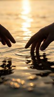 Two hands touching calm water surface at golden sunset, creating ripples. Serene moment of connection and mindfulness by the sea.