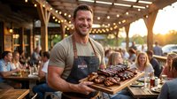 Smiling male chef in apron presenting grilled meat platter at outdoor restaurant patio with string lights and sunset ambiance for hospitality marketing.