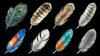 Set of eight colorful bird feathers isolated on transparent background, ready for stickers, clipart, t-shirt design, print on demand, and sublimation projects.