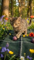 Young tabby kitten exploring a forest clearing with colorful wildflowers and fruits on a checkered blanket, surrounded by tall trees and natural sunlight for pet and nature themes.