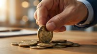 Professional businessman hand placing golden cryptocurrency coin on wooden desk with warm bokeh lighting for investment and digital finance concepts.