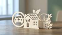 Eco-friendly lifestyle concept with white paper cut icons of electric car, solar home, and garden on wooden table, symbolizing green living.