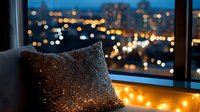 Cozy evening atmosphere with glowing string lights and sparkly pillow on window sill overlooking blurred city lights and urban nightscape at dusk.