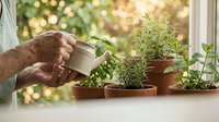 Senior man watering fresh herbs on sunny windowsill with small watering can. Indoor gardening, sustainable living, homegrown organic plants for cooking.