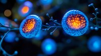 Glowing blue cells with orange nucleus dividing and connecting through neural pathways against dark background, illustrating biological processes and cellular activity.