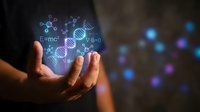 Close-up of hand holding glowing DNA helix and scientific formulas, representing biotechnology, genetic research, and molecular science innovation for educational and medical purposes.