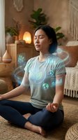 Young Asian woman meditating in lotus pose with glowing green eco and digital holographic icons floating around her in cozy home interior.