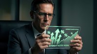 Middle-aged Caucasian male professional in business suit and glasses holding tablet displaying rising interest rates chart with upward arrows and percentage symbols for financial analysis and investment concepts.