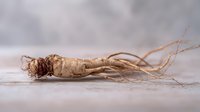 Dried ginseng root with long tendrils on wooden surface, traditional herbal medicine ingredient for natural health remedies and wellness treatments.