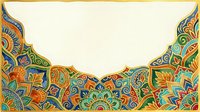 Ornamental mandala border with intricate geometric patterns in vibrant gold, turquoise, and orange tones on isolated cream background, ready for design projects.