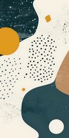 Abstract cosmic composition featuring organic shapes in teal and mustard yellow with dotted patterns and starry night sky elements on cream background.